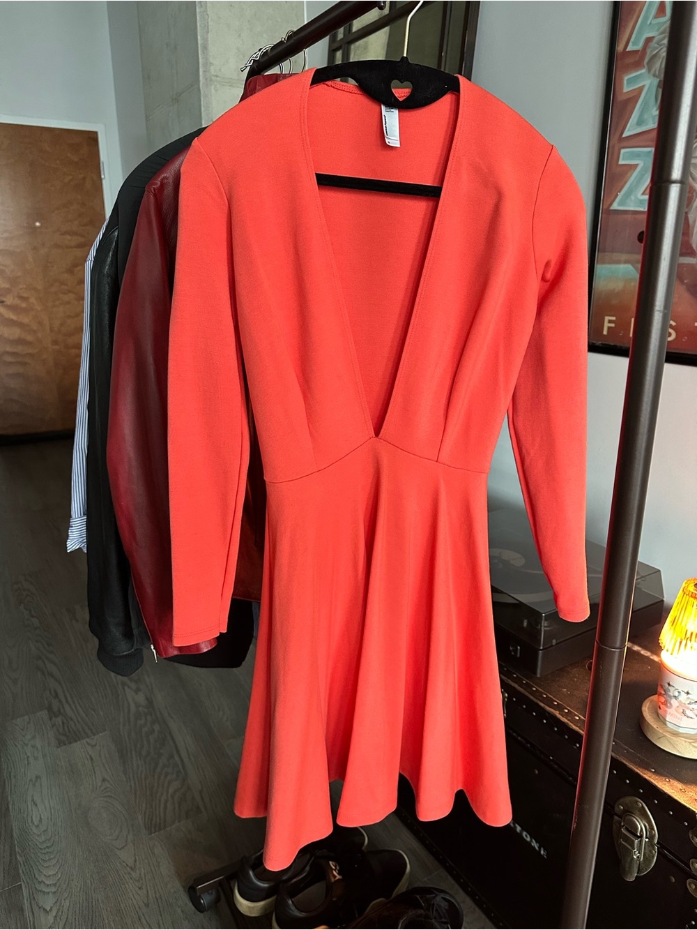 American Apparel Coral Red Long-Sleeve V-Neck Skater Dress
